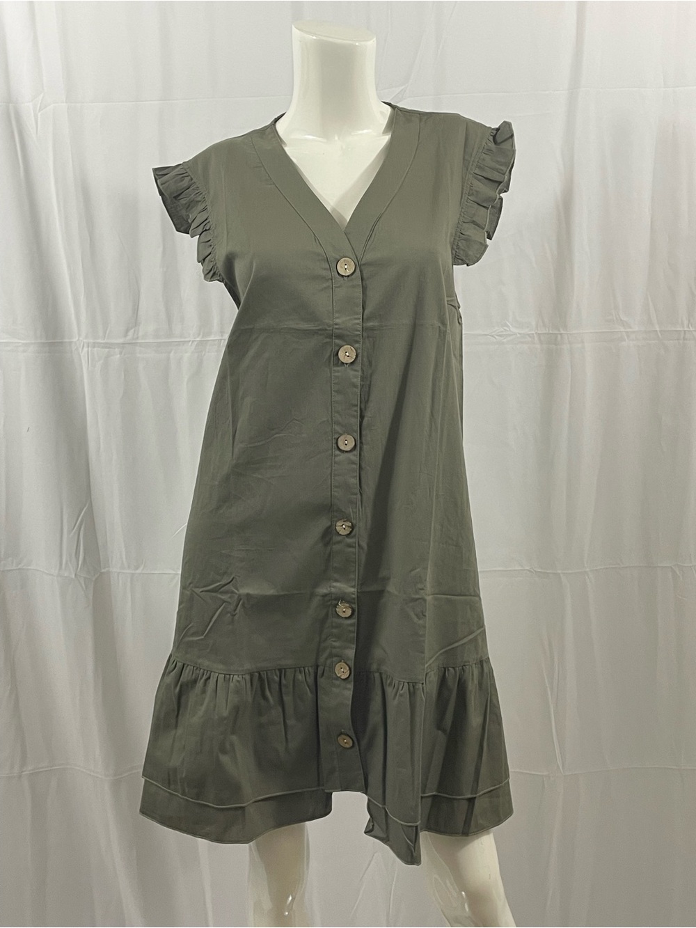 V-Neck Button-Front Ruffle Sleeve Midi Dress - Olive Green